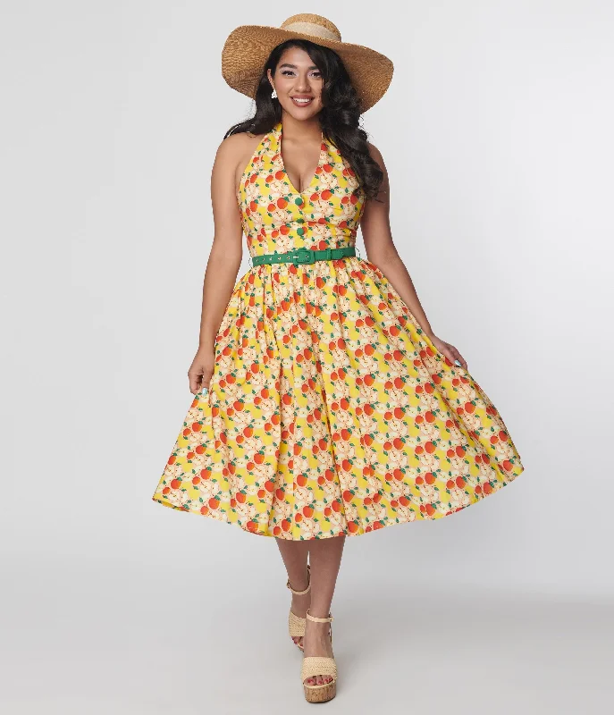 Ruffled Women Dress with Multiple Layers for a Playful and Girly StyleUnique Vintage 1950s Yellow & Red Apple Print Cotton Halter Swing Dress