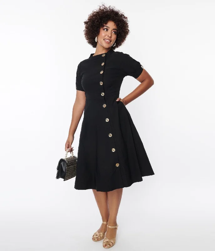 Off - the - Shoulder Women Dress for a Romantic and Feminine LookUnique Vintage Black Button Swing Dress