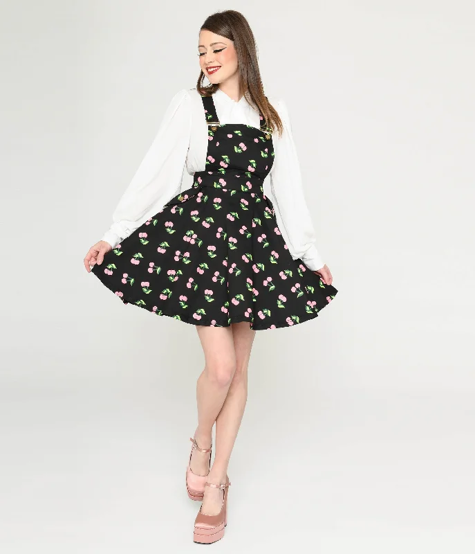 Maxi Women Dress with Floral Print for a Bohemian VibeUnique Vintage Black & Pink Cherries Brionne Pinafore Skirt