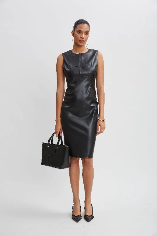 Long - Sleeve Women Dress in Velvet for a Luxurious Winter LookVegan Leather Side Panel Dress