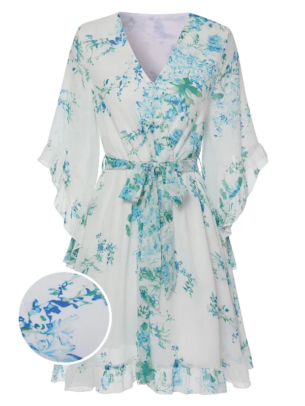 Mermaid - Style Women Dress with a Fitted Silhouette for Special OccasionsWhite 1960s Floral Chiffon V-Neck Dress