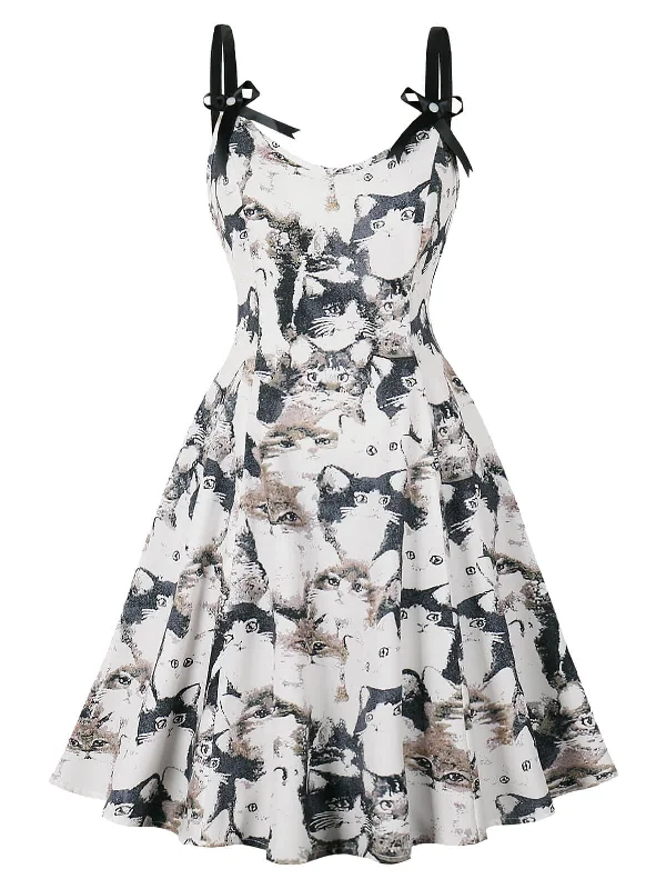 Ruffled Women Dress with Multiple Layers for a Playful and Girly StyleWhite & Black 1950s Cats Print Strap Dress