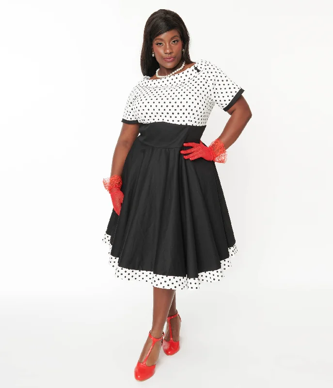 Empire Waist Women Dress to Accentuate the Bust and Conceal the WaistDolly & Dotty White & Black Polka Dot Retro Swing Dress