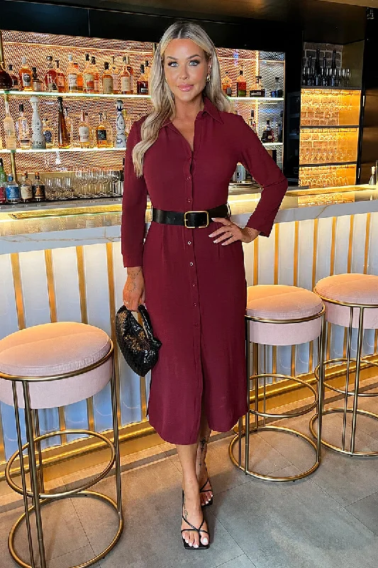 Plus Size Women Dress with a Flattering A - Line Cut for Comfort and StyleWine Button Front Belted Shirt Midi Dress