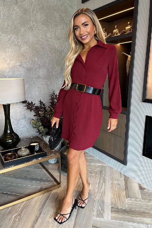 Shift Women Dress with a Simple and Classic Design for Everyday WearWine Button Front Belted Shirt Mini Dress