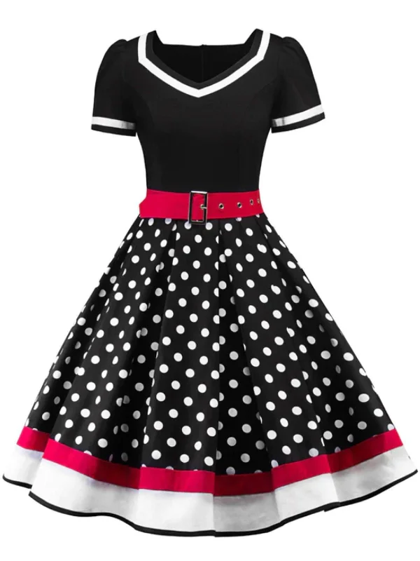 Sheath Women Dress with a Tailored Fit for a Professional Look1950s Polka Dot Belted Patchwork Dress