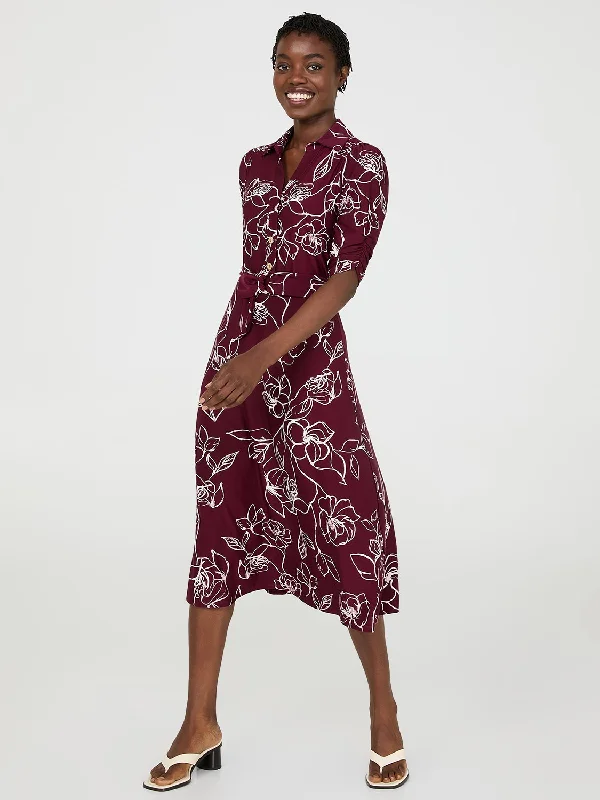 Long - Sleeve Women Dress in Velvet for a Luxurious Winter LookFloral Print Button-Front Midi Dress With Pockets