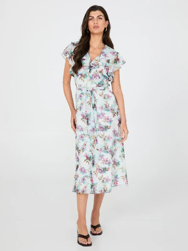 Strapless Women Dress with a Built - in Bra for Comfort and SupportFloral Print Chiffon Midi Dress With Ruffle Details