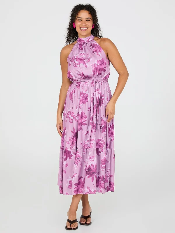 Wrap - Style Women Dress with Adjustable Fit for All Body TypesFloral Print Halter Neck Satin Maxi Dress