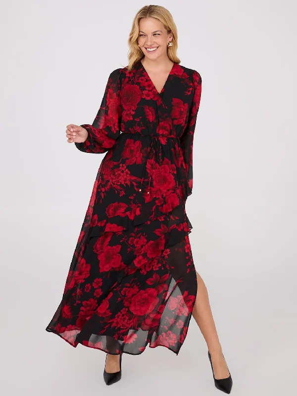 Empire Waist Women Dress to Accentuate the Bust and Conceal the WaistChiffon Floral Print Ruffle Skirt Maxi Dress