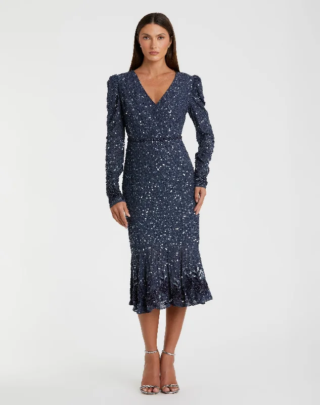 Off - the - Shoulder Women Dress for a Romantic and Feminine LookNavy Sequin Dress with Embellished Hemline and Belt