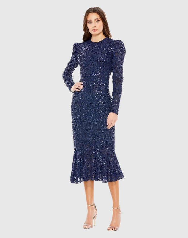 Strapless Women Dress with a Built - in Bra for Comfort and SupportNavy Sequined Long Sleeve High Neck Trumpet Dress