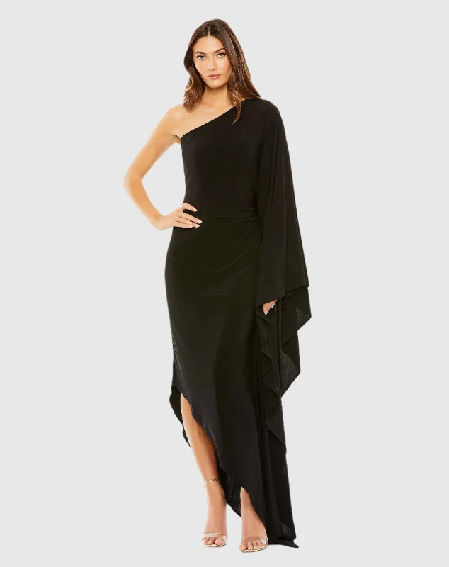 Little Black Women Dress with Sequins for a Glamorous Night OutBlack One Shoulder Cape Sleeve Ruched Detail Jersey Gown