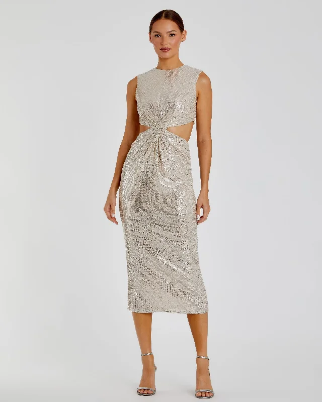 Halter Neck Women Dress to Show Off the Shoulders and NecklineSilver Sequin Front Twist Cut Out Column Dress - FINAL SALE