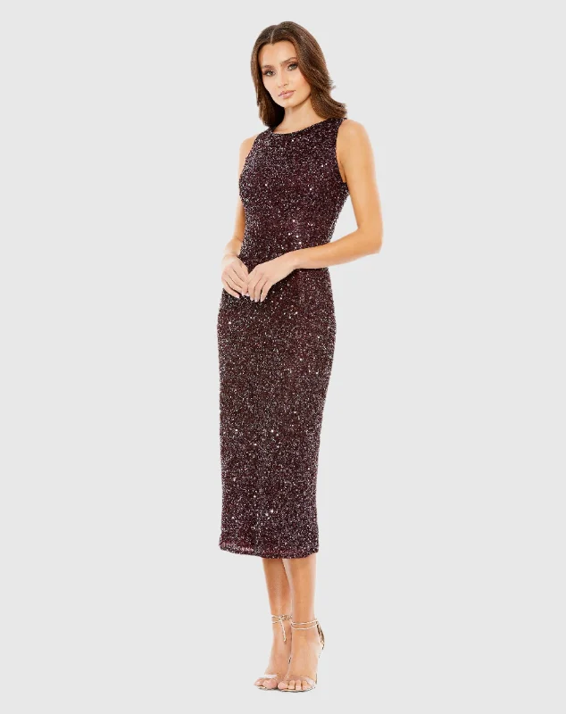 Ruffled Women Dress with Multiple Layers for a Playful and Girly StyleRed Sleeveless Sequined Midi Sheath Dress