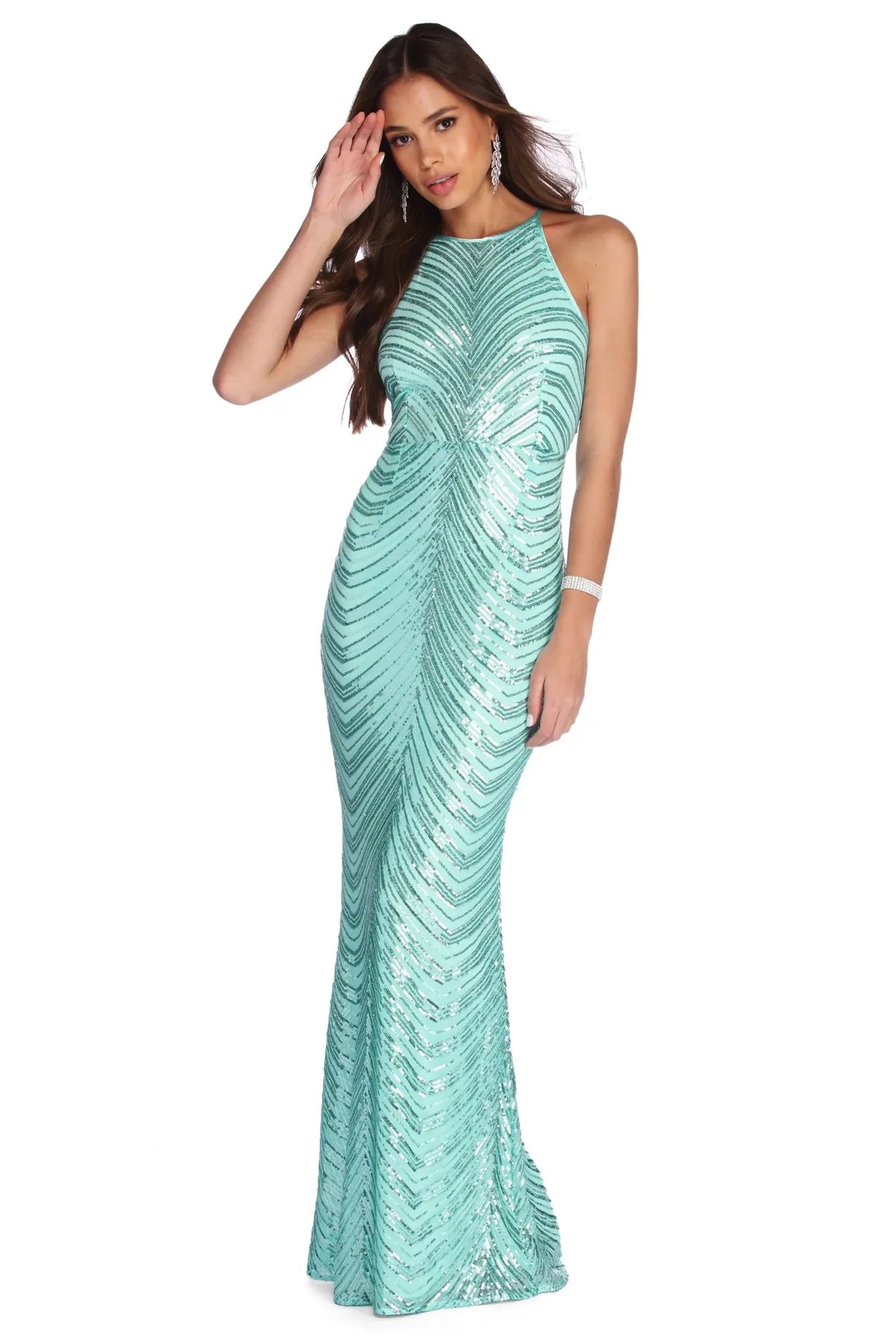 Strapless Women Dress with a Built - in Bra for Comfort and SupportCallie Formal Chevron Sequin Dress