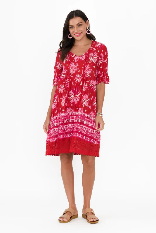 Mermaid - Style Women Dress with a Fitted Silhouette for Special OccasionsCayman Red Floral Cotton Tunic Dress