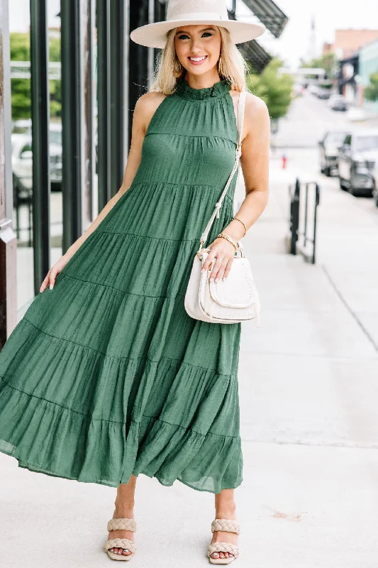 Pleated Women Dress with a Timeless and Elegant TextureCome To Me Hunter Green Tiered Midi Dress