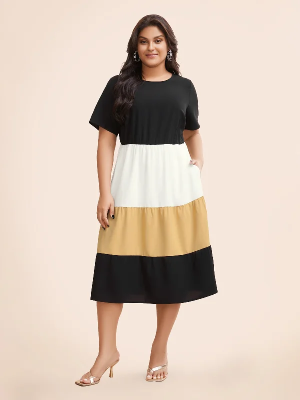 Empire Waist Women Dress to Accentuate the Bust and Conceal the WaistContrast Belted Pocket Layered Hem Dolman Sleeve Dress