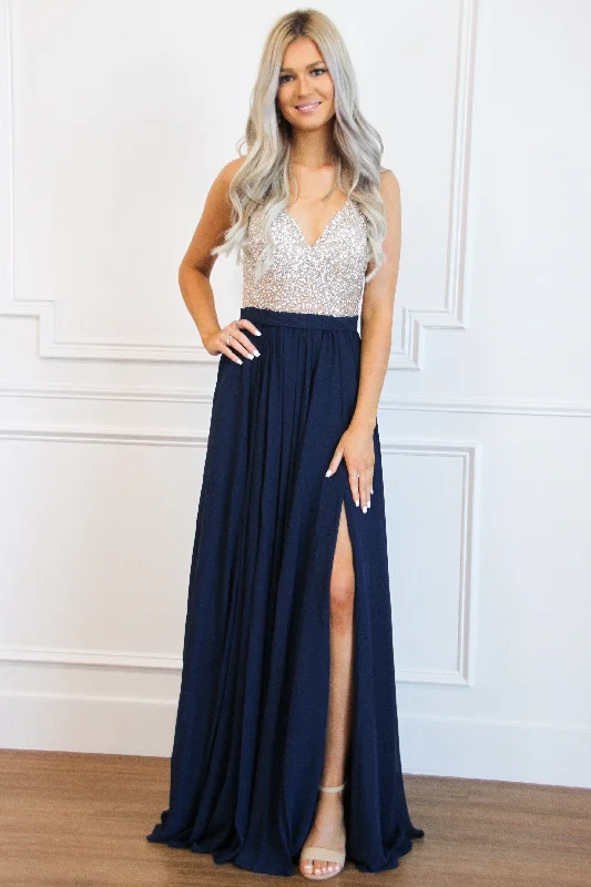 Lace - Embellished Women Dress for an Elegant and Sophisticated AppearanceElegant Affair Beaded Maxi Dress: Navy