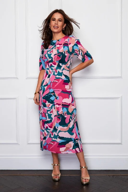 Plus Size Women Dress with a Flattering A - Line Cut for Comfort and StyleEllen Pink Multi Print Midi Dress