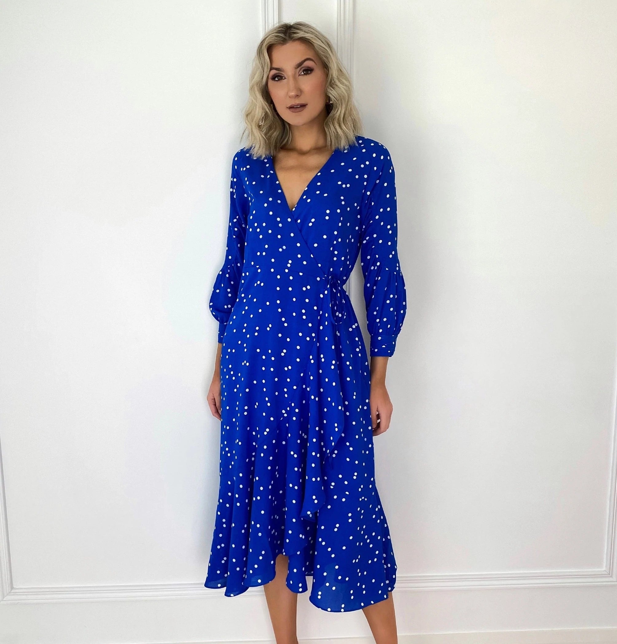 Shift Women Dress with a Simple and Classic Design for Everyday WearEmer Cobalt Blue Polka Dot Wrap Frill Hem Dress