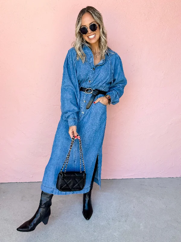 Long - Sleeve Women Dress in Velvet for a Luxurious Winter LookOur Journey Together Denim Midi Dress