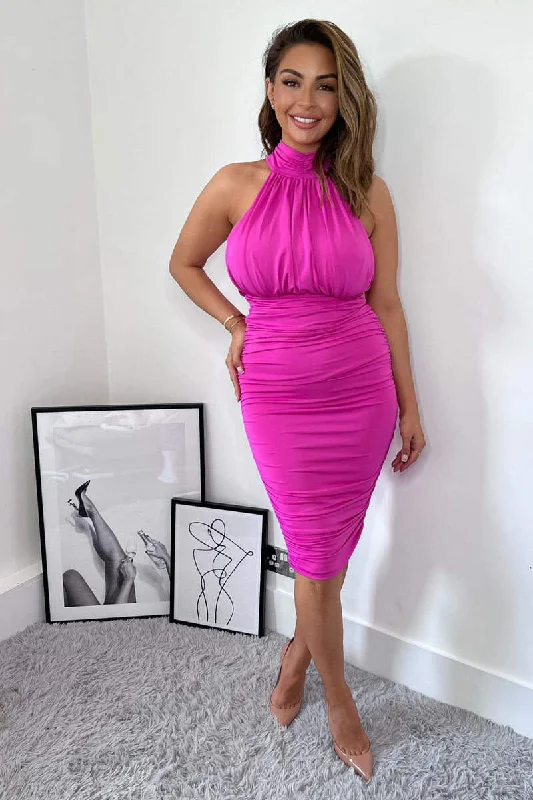 Pleated Women Dress with a Timeless and Elegant TextureFaith Cerise Pink Ruched High Neck Midi Dress