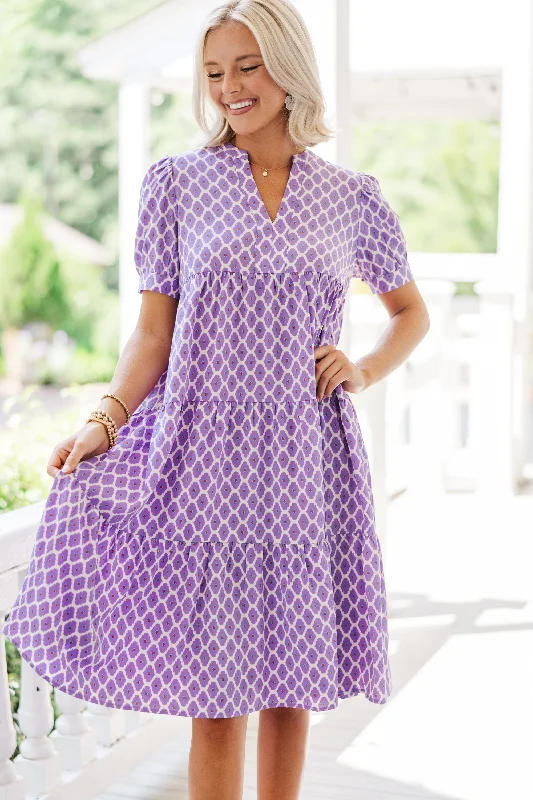 Printed Abstract Women Dress for a Modern and Artistic AppealFast Learner Purple Lattice Print Midi Dress