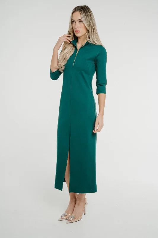 Strapless Women Dress with a Built - in Bra for Comfort and SupportFaye Zip Front Midi Dress In Forest Green