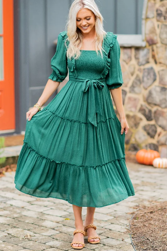 Backless Women Dress for a Sexy and Alluring Look at Evening EventsFeel Your Love Hunter Green Ruffled Midi Dress