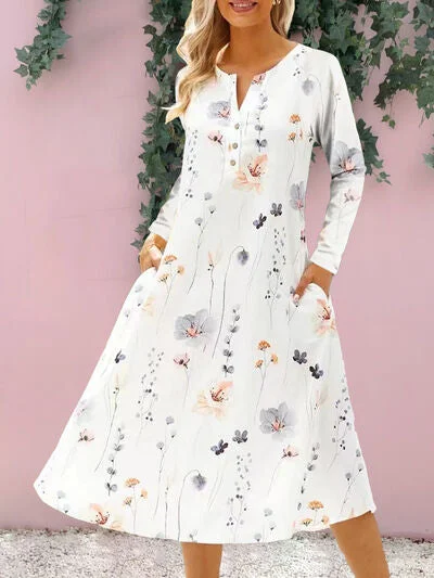 Lace - Embellished Women Dress for an Elegant and Sophisticated AppearanceFloral Notched Long Sleeve Midi Dress