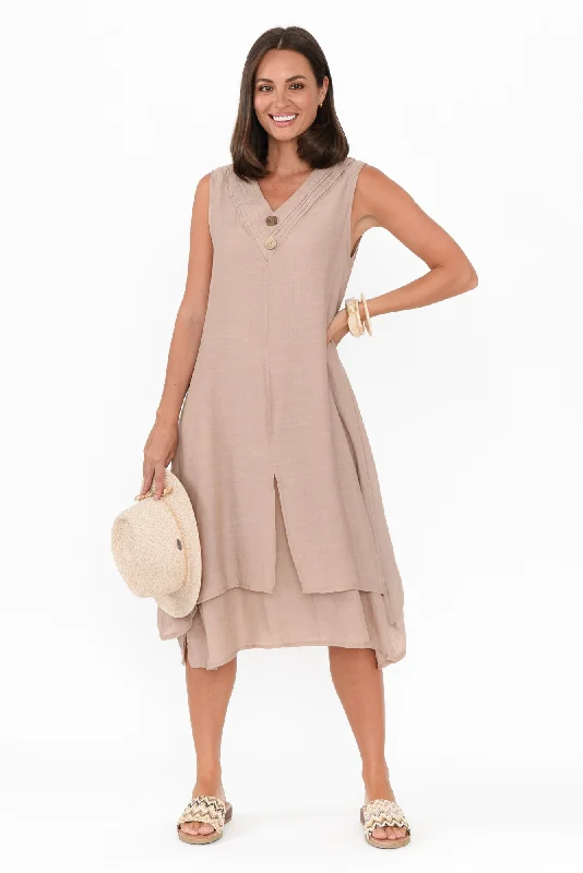 Shift Women Dress with a Simple and Classic Design for Everyday WearGutha Beige Cotton Blend Layer Dress