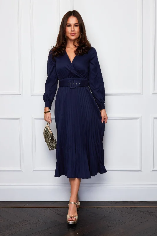 Shift Women Dress with a Simple and Classic Design for Everyday WearHeidi Navy Pleated Skirt Belted Midi Dress