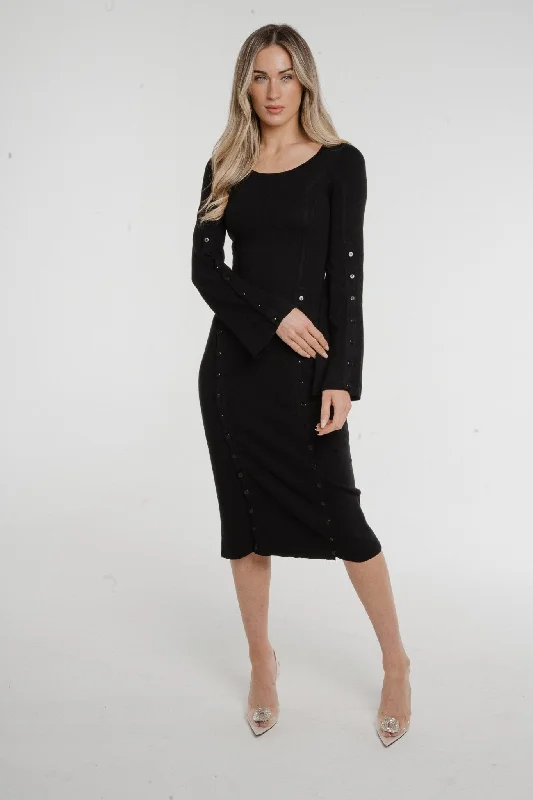 Off - the - Shoulder Women Dress for a Romantic and Feminine LookHolly Button Detail Knit Midi Dress In Black