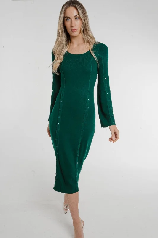 Pleated Women Dress with a Timeless and Elegant TextureHolly Button Detail Knit Midi Dress In Green