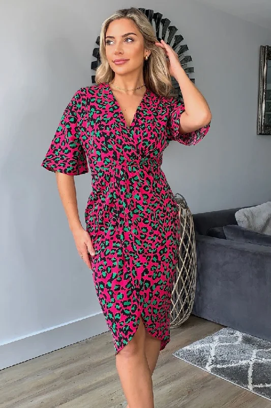 Plus Size Women Dress with a Flattering A - Line Cut for Comfort and StyleJacqui Pink Leopard Wrap Detailed Midi Dress