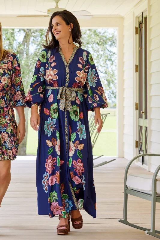 Ruffled Women Dress with Multiple Layers for a Playful and Girly StyleJohanna Belted Tie Maxi Dress in Navy Floral