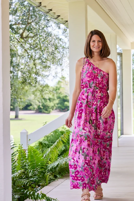 Plus Size Women Dress with a Flattering A - Line Cut for Comfort and StyleJoyce One-Shoulder Belted Tie Maxi Dress in Pink Ikat Floral