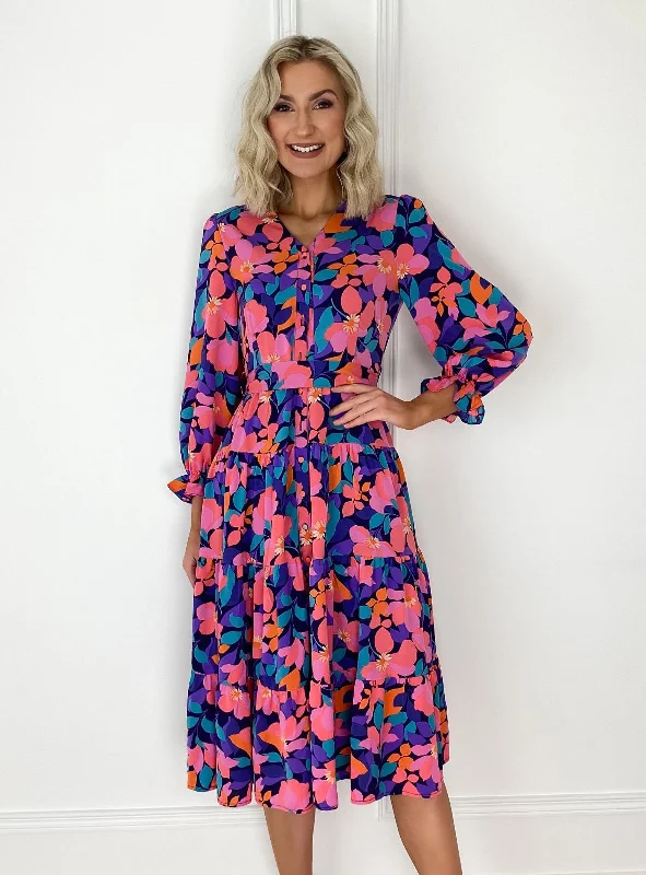 Sleeveless Women Dress in Bright Colors for Summer PartiesKaren Pink Multi Floral Belted Shirt Dress