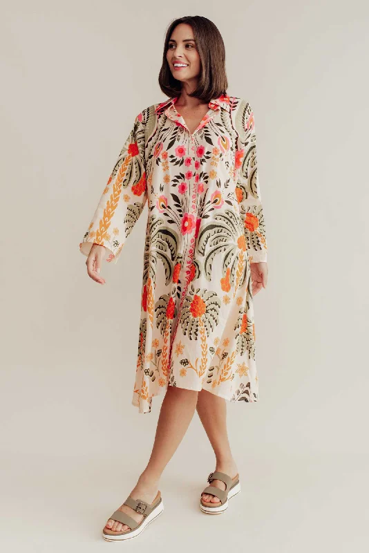 Ruffled Women Dress with Multiple Layers for a Playful and Girly StyleKaylene Orange Palm Cotton Shirt Dress