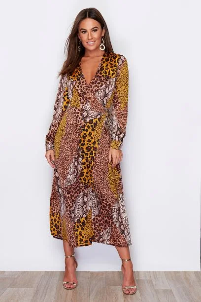 Ruffled Women Dress with Multiple Layers for a Playful and Girly StyleKim Multi Animal Print Wrap Midi Dress