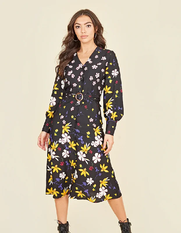 Off - the - Shoulder Women Dress for a Romantic and Feminine LookLydia Multi Floral Button Front Belted Midi Dress