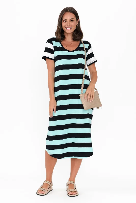 Off - the - Shoulder Women Dress for a Romantic and Feminine LookMercury Blue Stripe Cotton Dress