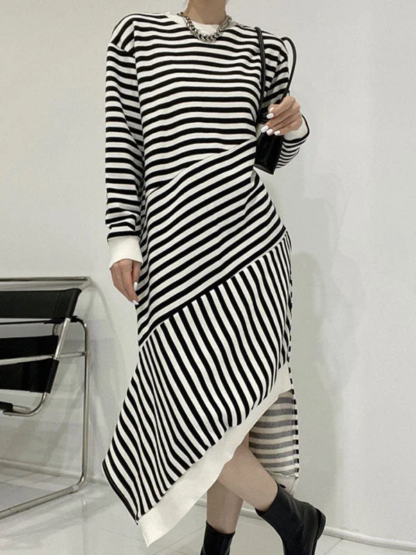 Halter Neck Women Dress to Show Off the Shoulders and NecklineIrregular Split Long Sleeve Striped Maxi Dress