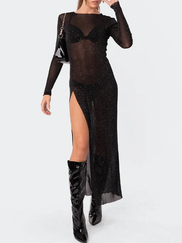 Long - Sleeve Women Dress in Velvet for a Luxurious Winter LookGlitter Mesh Split Long Sleeve Maxi Dress