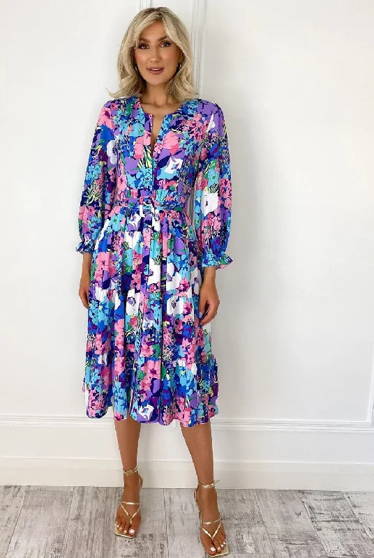 Halter Neck Women Dress to Show Off the Shoulders and NecklineOla Pink Blue Floral Print Belted Shirt Dress