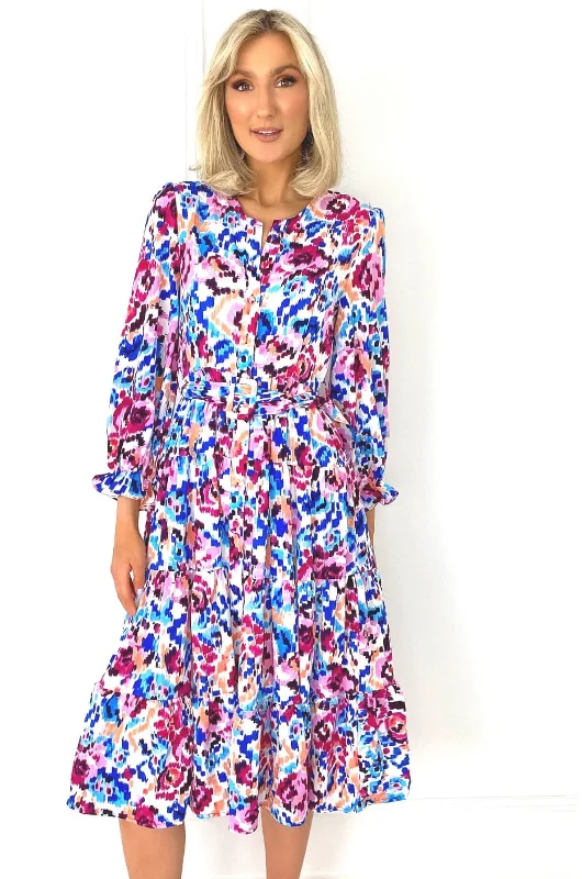 Plus Size Women Dress with a Flattering A - Line Cut for Comfort and StylePaula Blue Multi Print Belted Shirt Dress