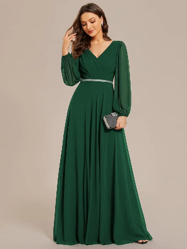 Wrap - Style Women Dress with Adjustable Fit for All Body TypesClara | Pleated Double V-Neck Long Sleeves Shiny Belt Chiffon Evening Dress