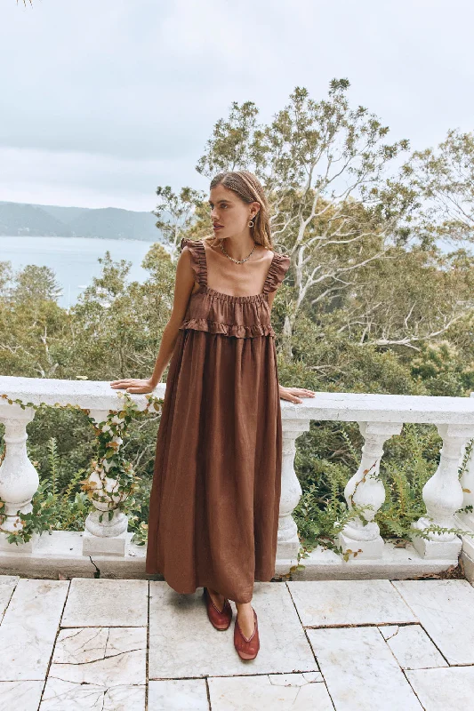 Off - the - Shoulder Women Dress for a Romantic and Feminine LookRossana Linen Maxi Dress Chocolate